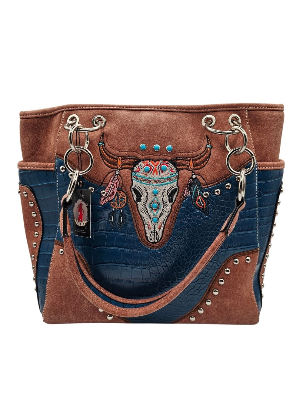 Blue Western Longhorn Embroidered Purse